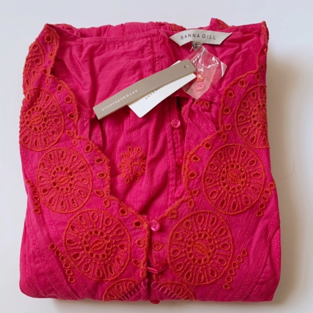 NWT Anthropologie Embroidered Eyelet Scallop Trim Midi Dress Pink Pockets M - Picture 7 of 8